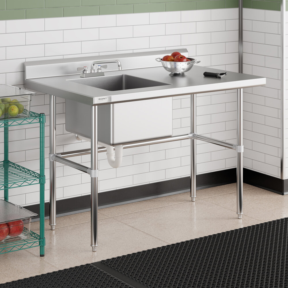 A stainless steel work table with a left-side sink and cross bracing, measuring 30 by 48 inches.