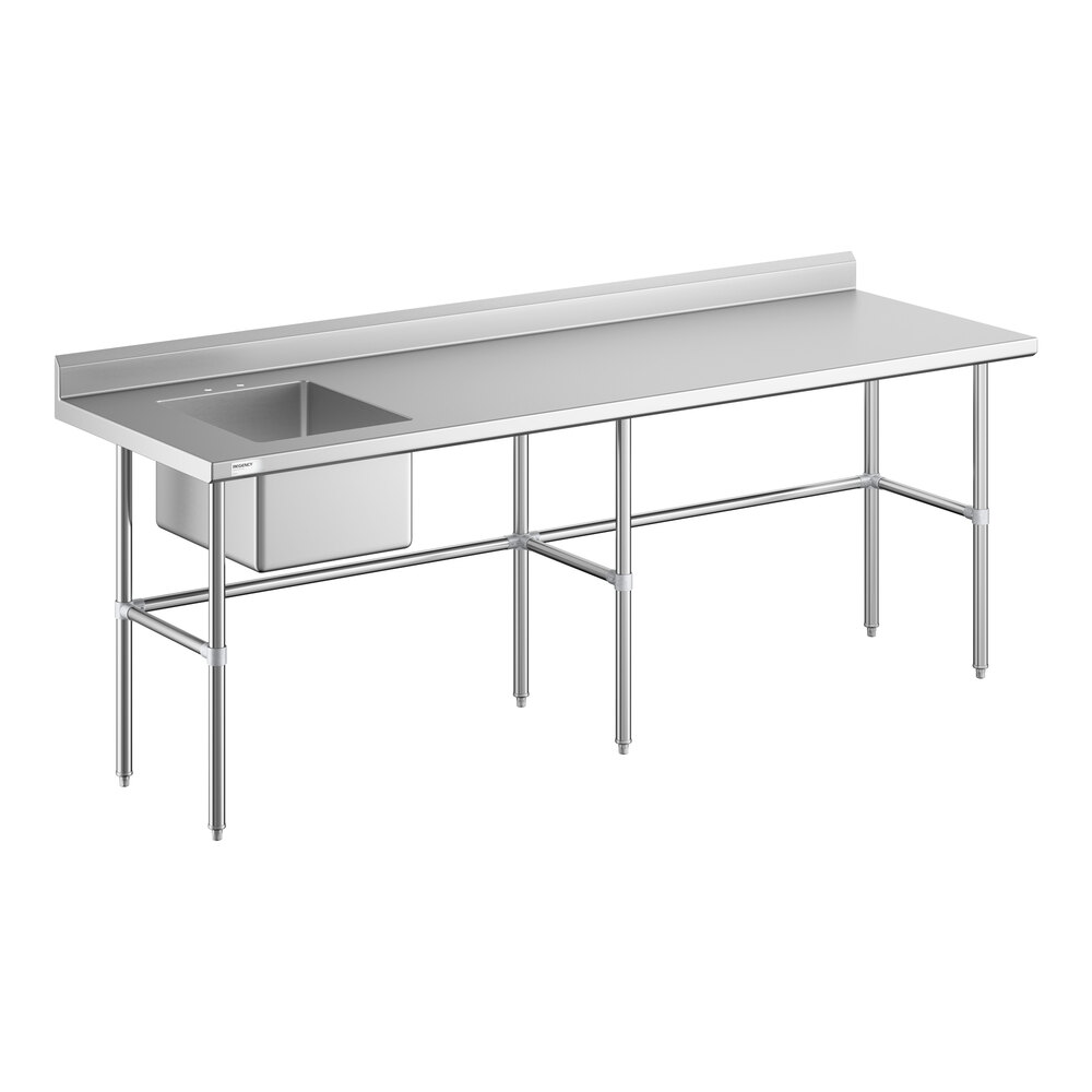 A stainless steel work table with a left-side sink and cross bracing.