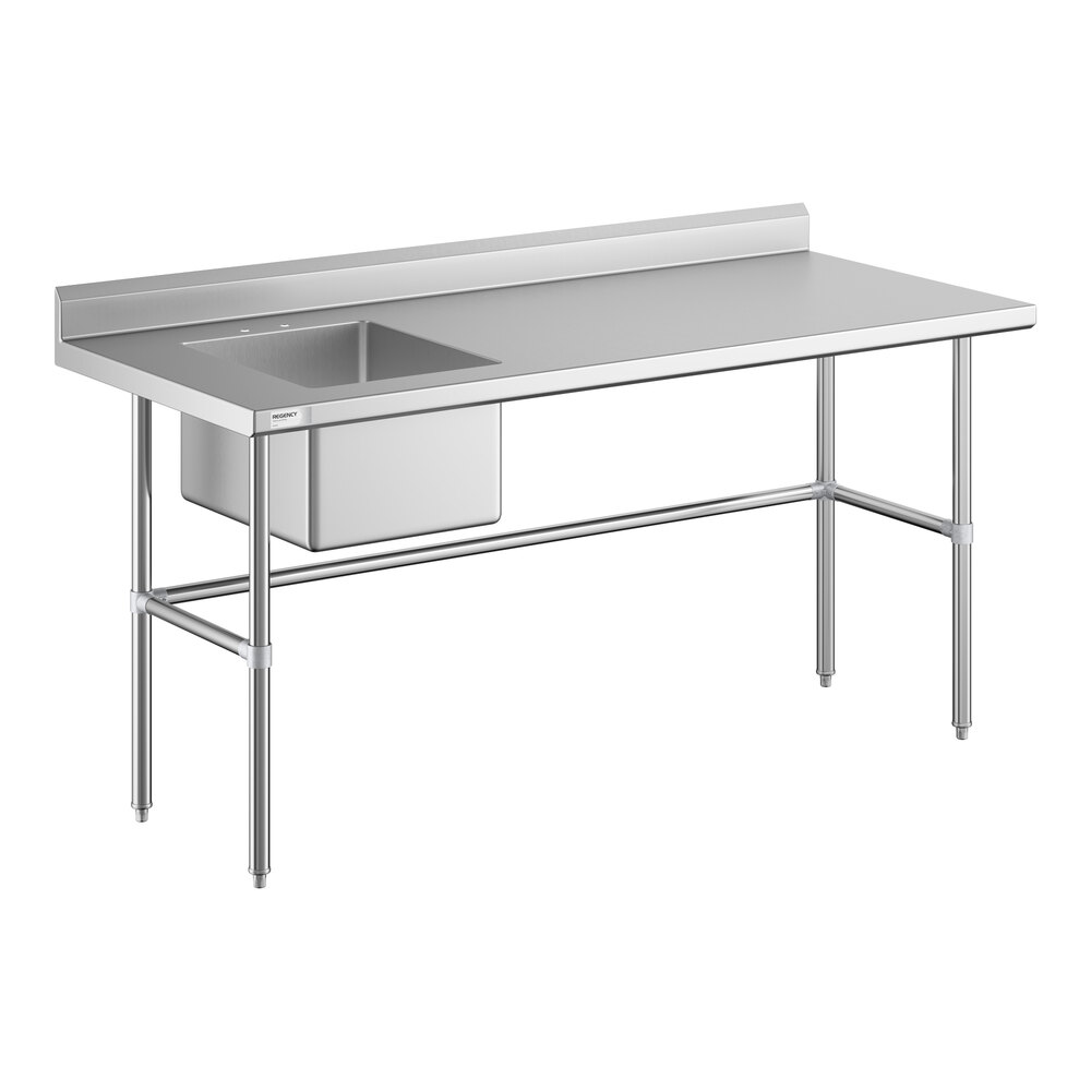 A stainless steel work table with a left-side sink and cross bracing.