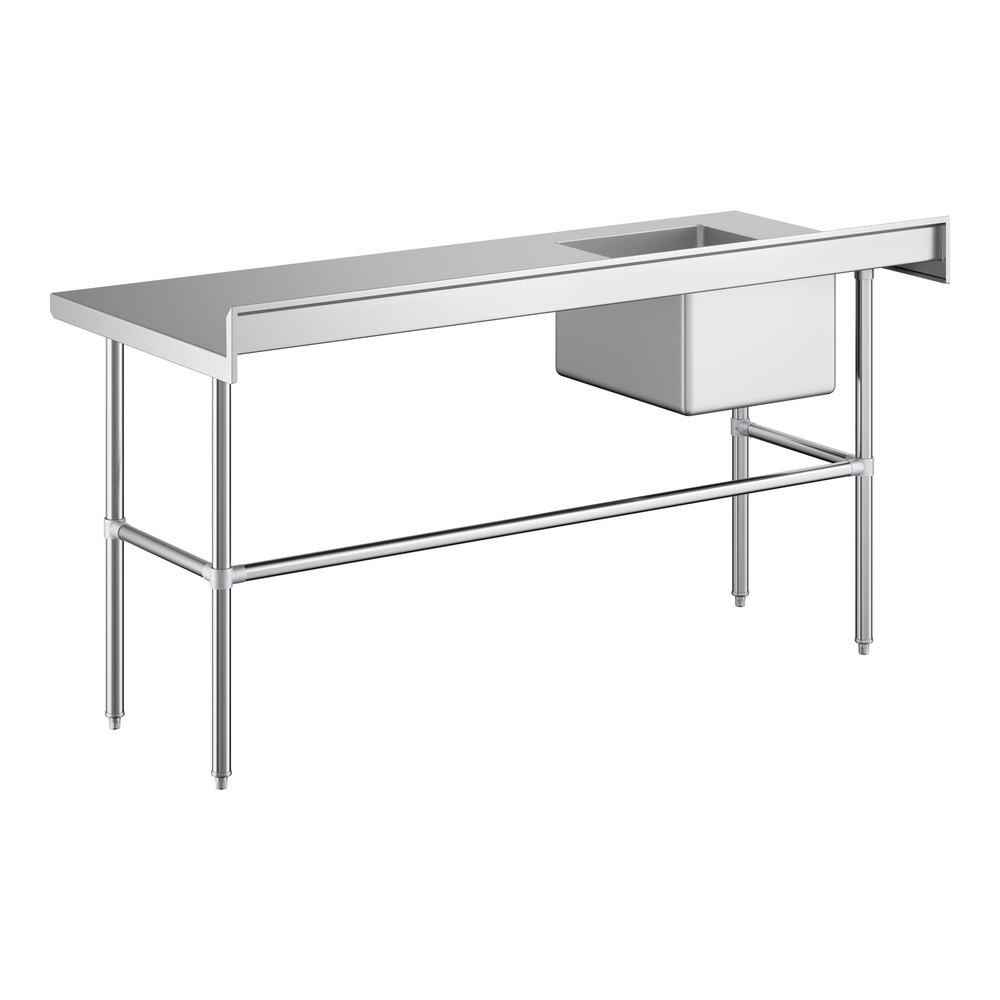 A stainless steel work table with a left-side sink and cross bracing.