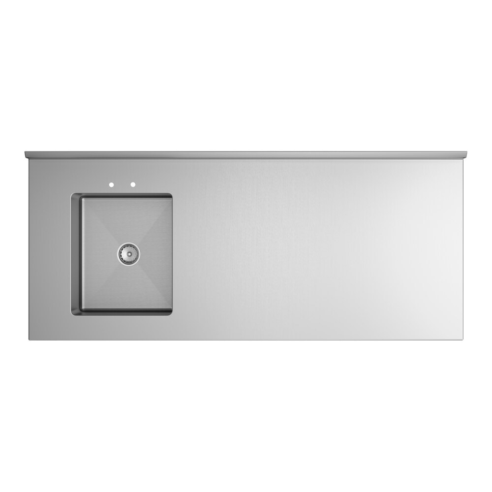 A stainless steel work table with a left-side sink and cross bracing.