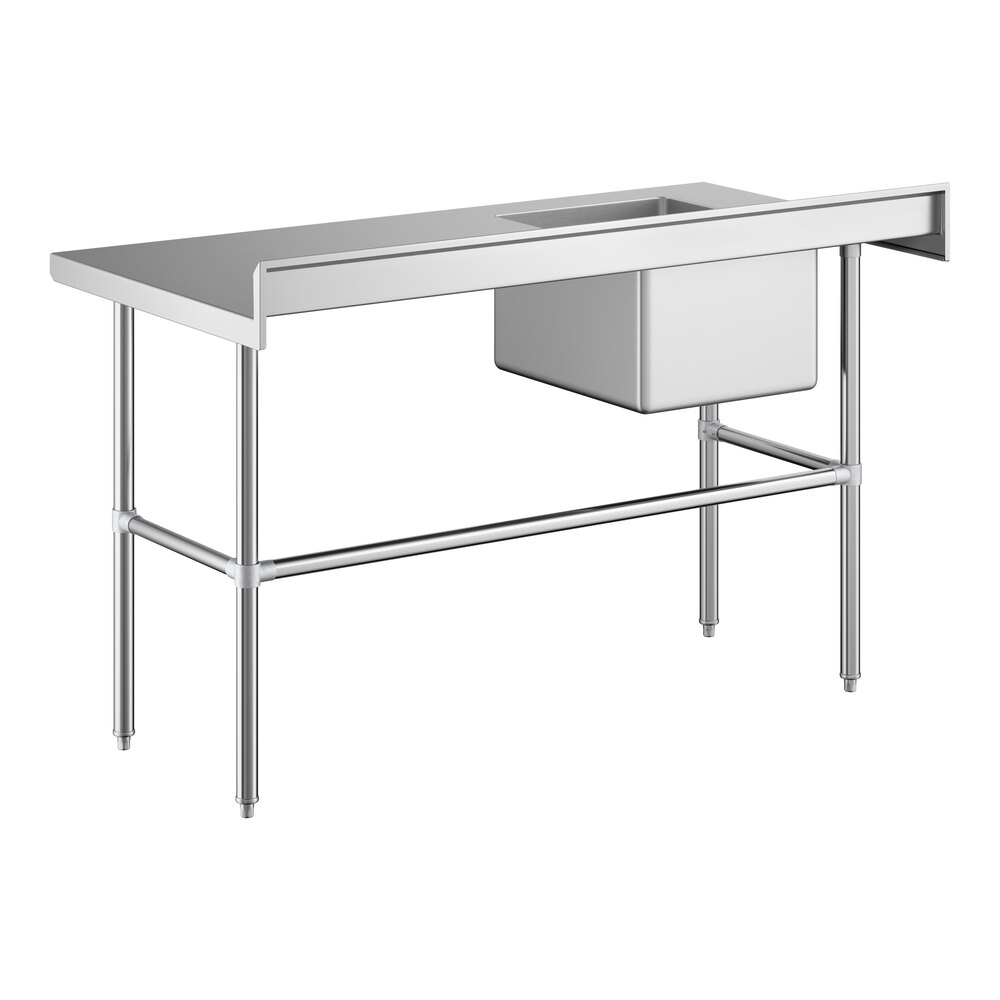 A stainless steel work table with a left-side sink and cross bracing.