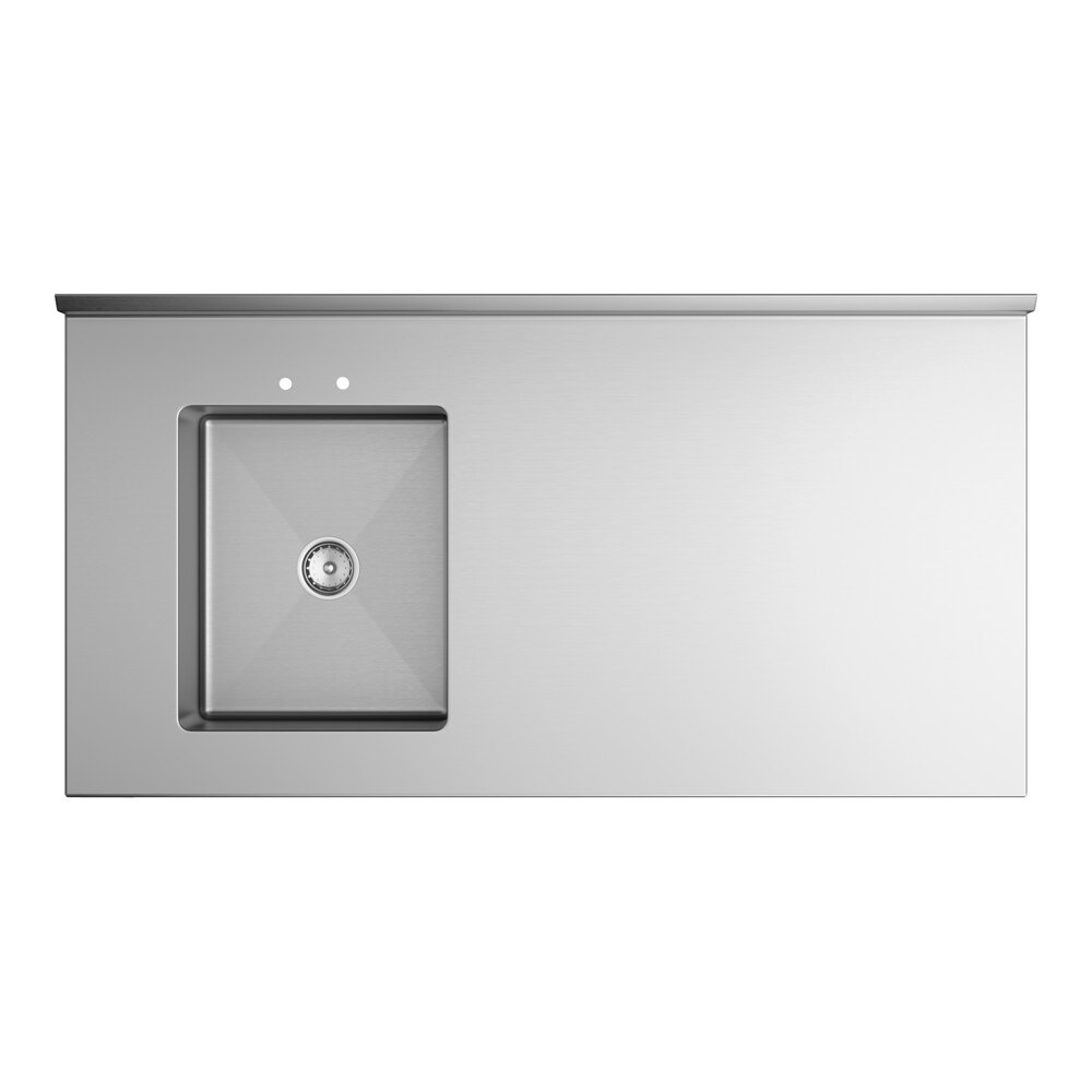 A stainless steel work table with a left-side sink and cross bracing.