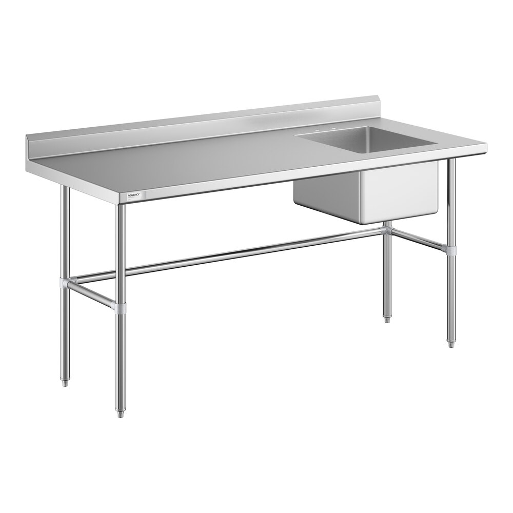 A stainless steel work table with a right-side sink and cross bracing.