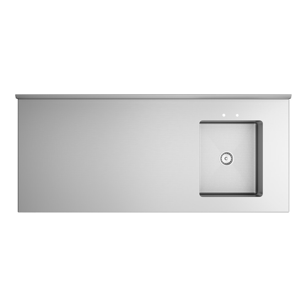A stainless steel work table with a right-side sink and cross bracing.