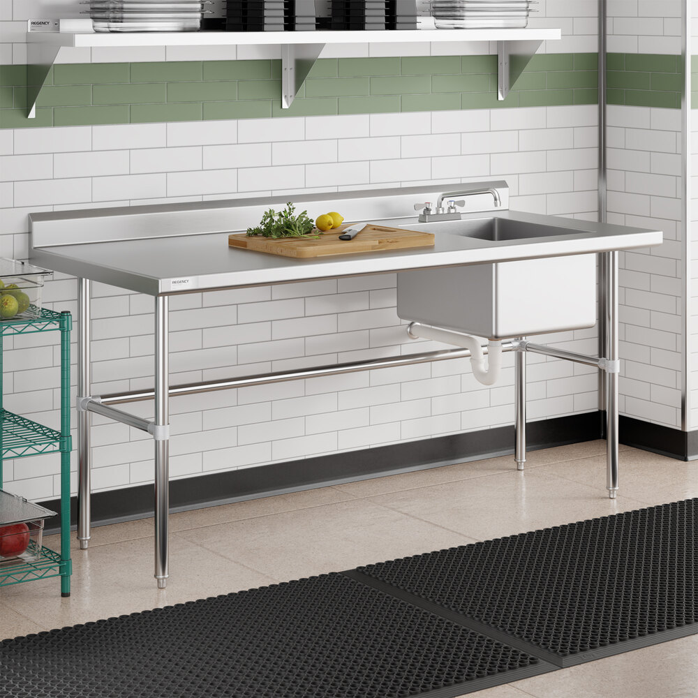 A stainless steel work table with a right-side sink and cross bracing.