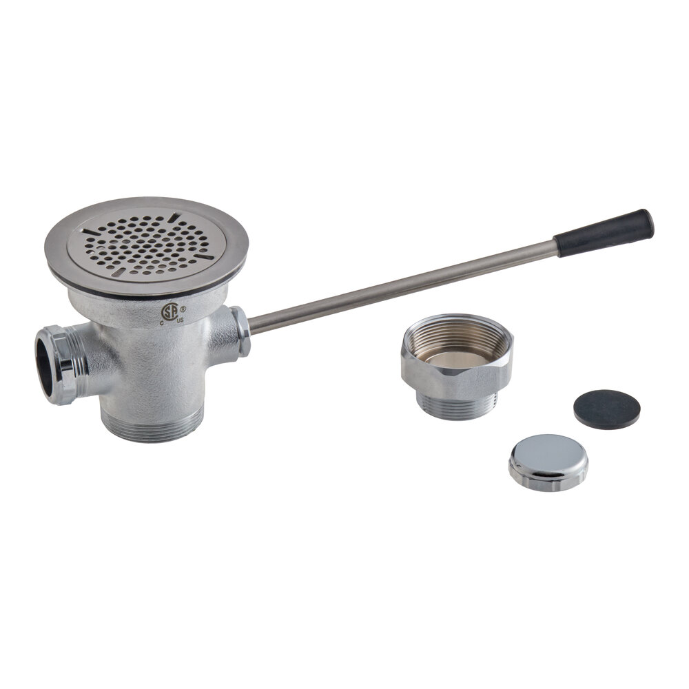 A metal lever handle waste valve assembly with a perforated drain cover, a long lever handle, and several threaded metal and rubber components displayed on a white background.