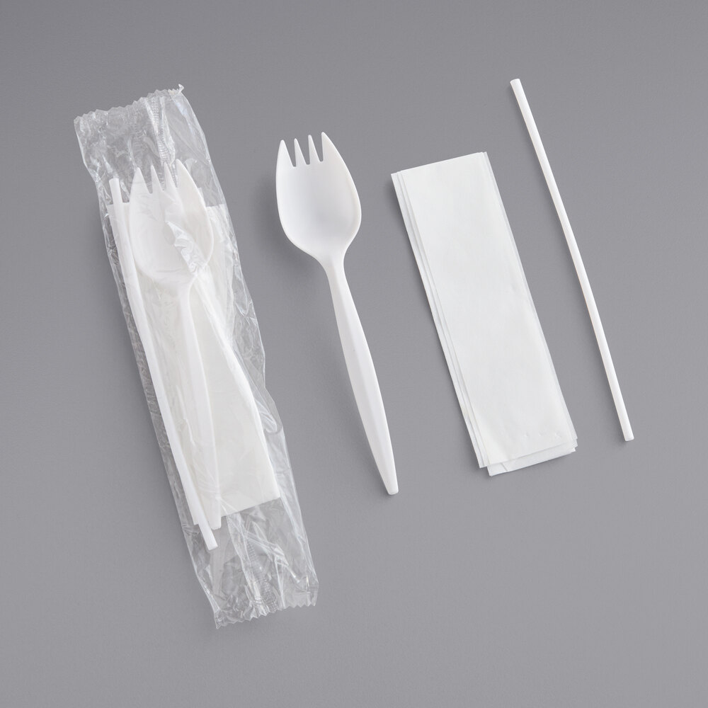 Choice Medium Weight White Wrapped Plastic Spork, Straw, and Napkin Kit