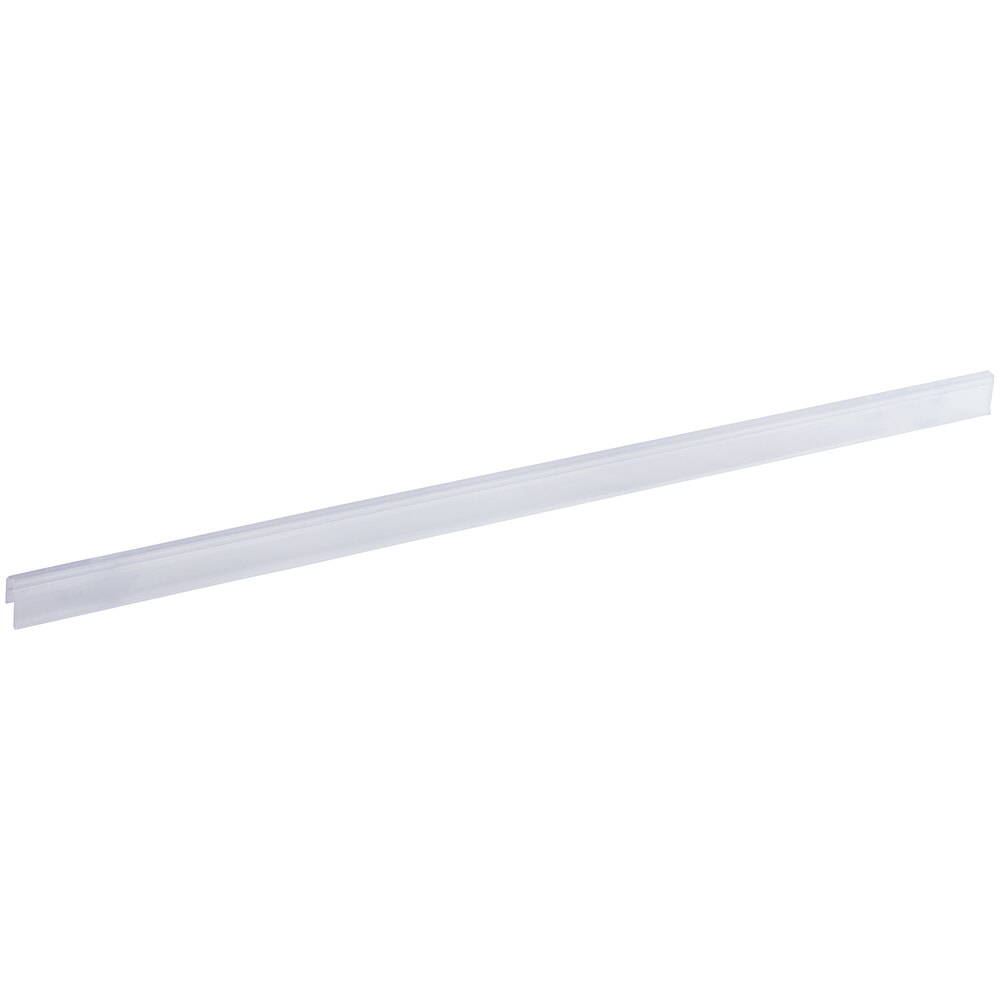 A clear 44-inch clip-on label holder designed for wire basket shelving.