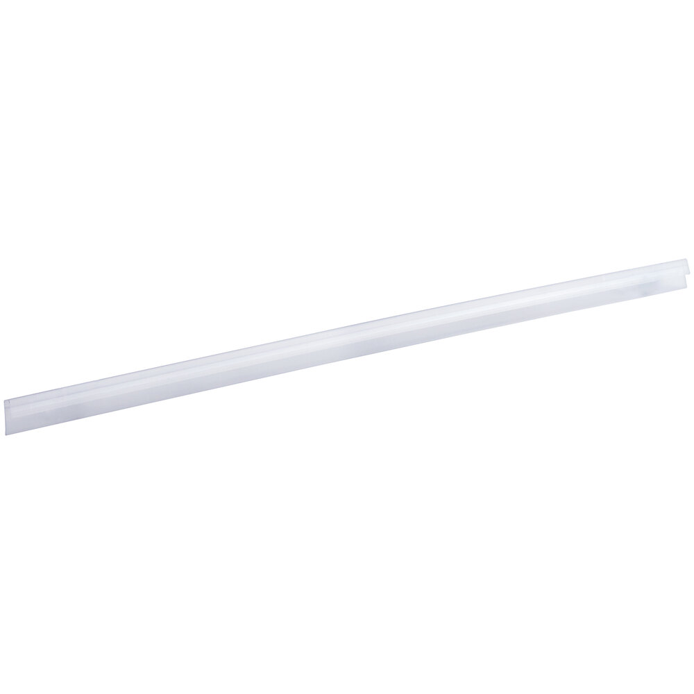 A clear 44-inch clip-on label holder designed for wire basket shelving.