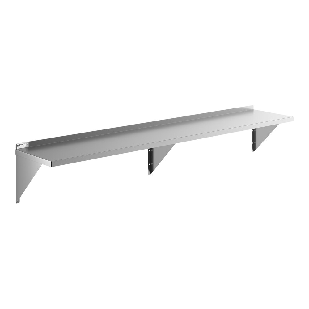 A long, heavy-duty stainless steel wall shelf with three support brackets.
