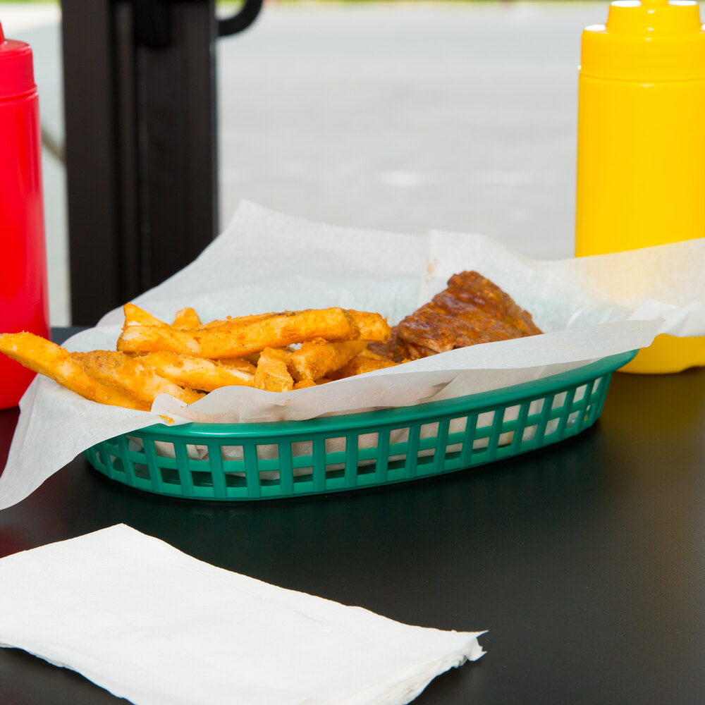 10 3/4" x 7" x 1 1/2" Green Oval Plastic Fast Food Basket 12/Pack