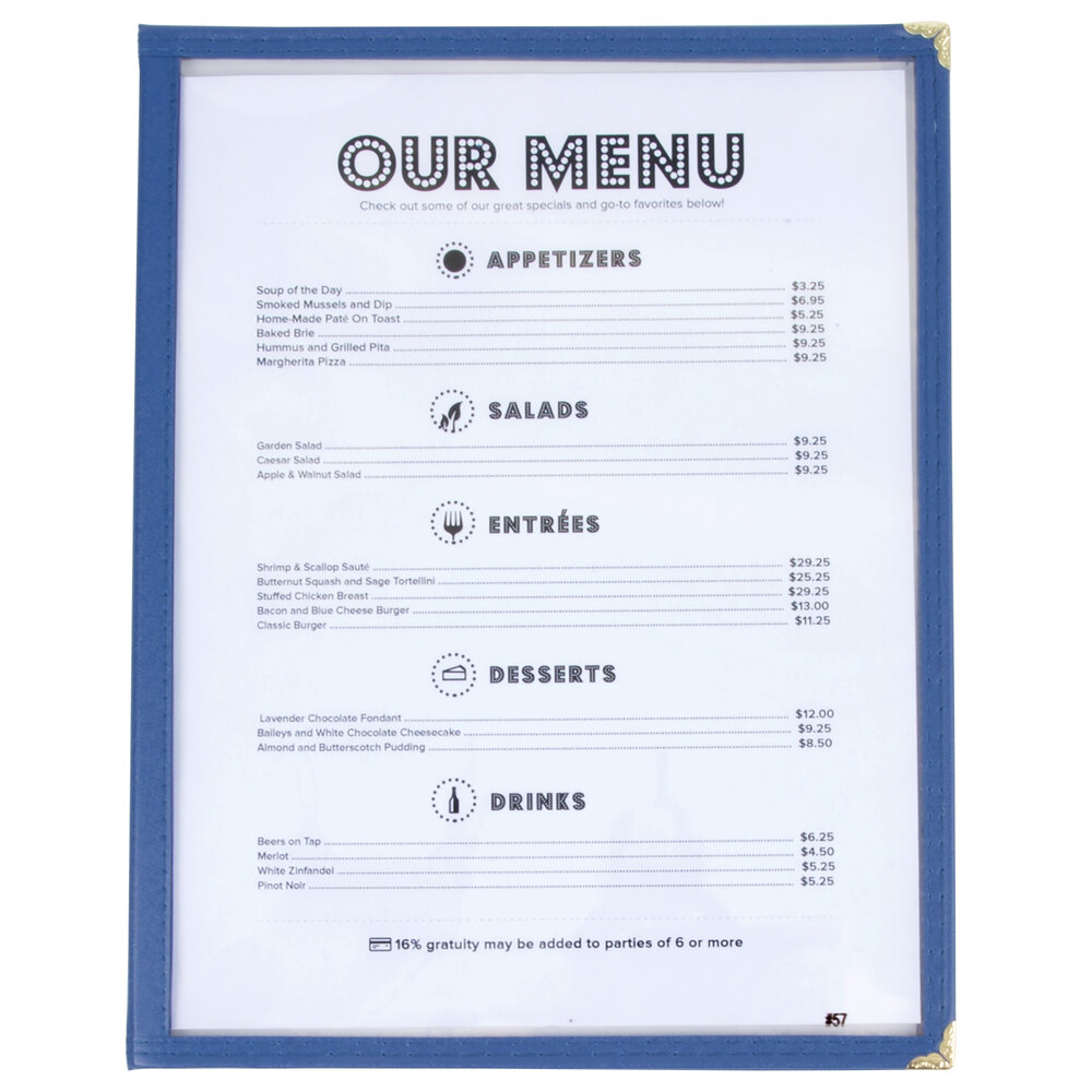 8 1/2" x 11" Blue Two Pocket Menu Cover