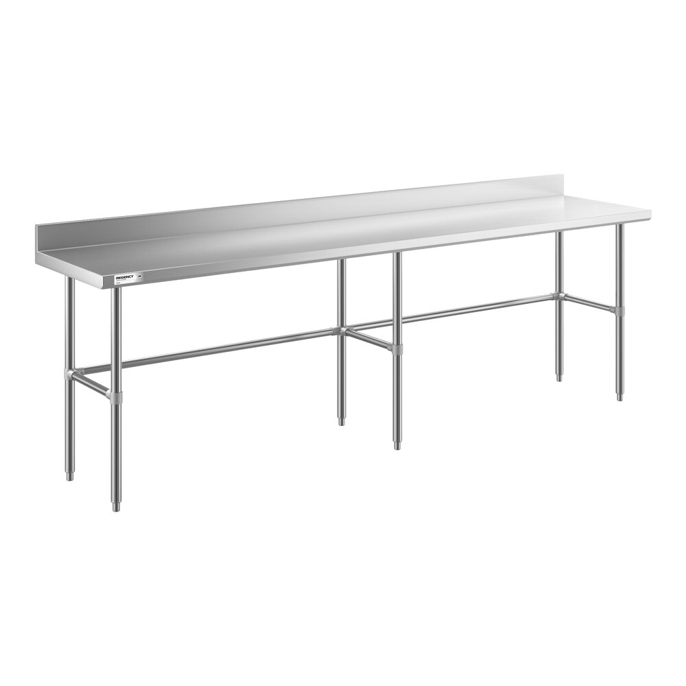 A long stainless steel work table with an open base, six legs, and a 4-inch backsplash along the back edge.