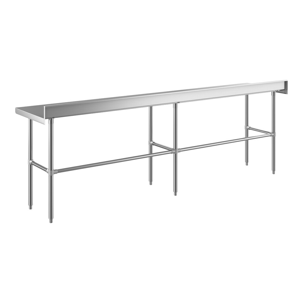 A long, rectangular stainless steel work table with an open base, four legs, and a 4-inch backsplash along the back edge.