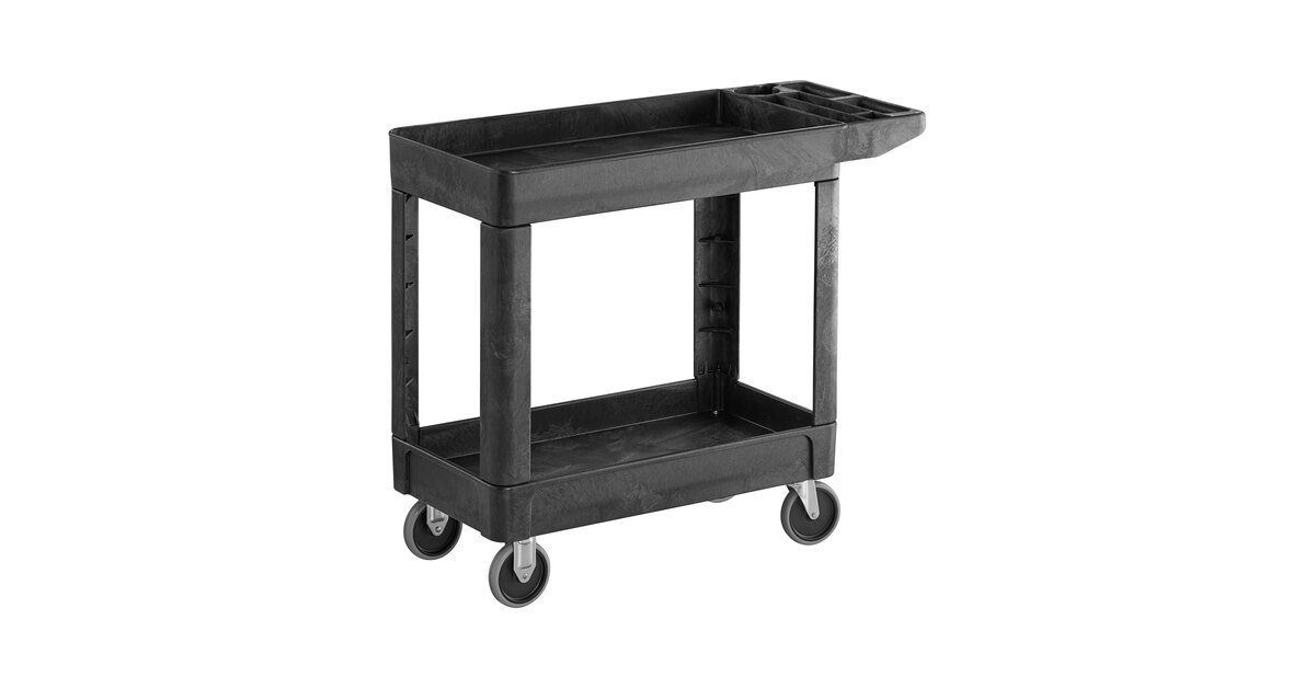 Rubbermaid FG450089BLA Black Small Lipped Two Shelf Utility Cart with  Extended Handle