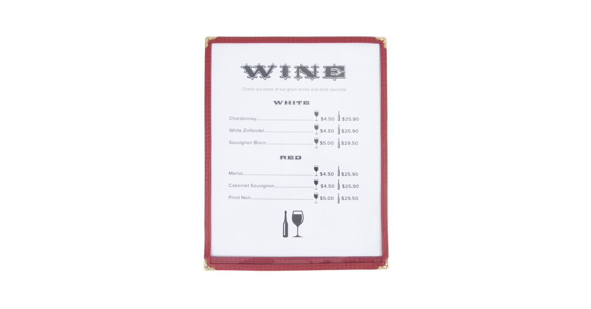 Single Pocket Menu Cover Two Viewing Sides 8-1/2" x 14" Color Burgundy 