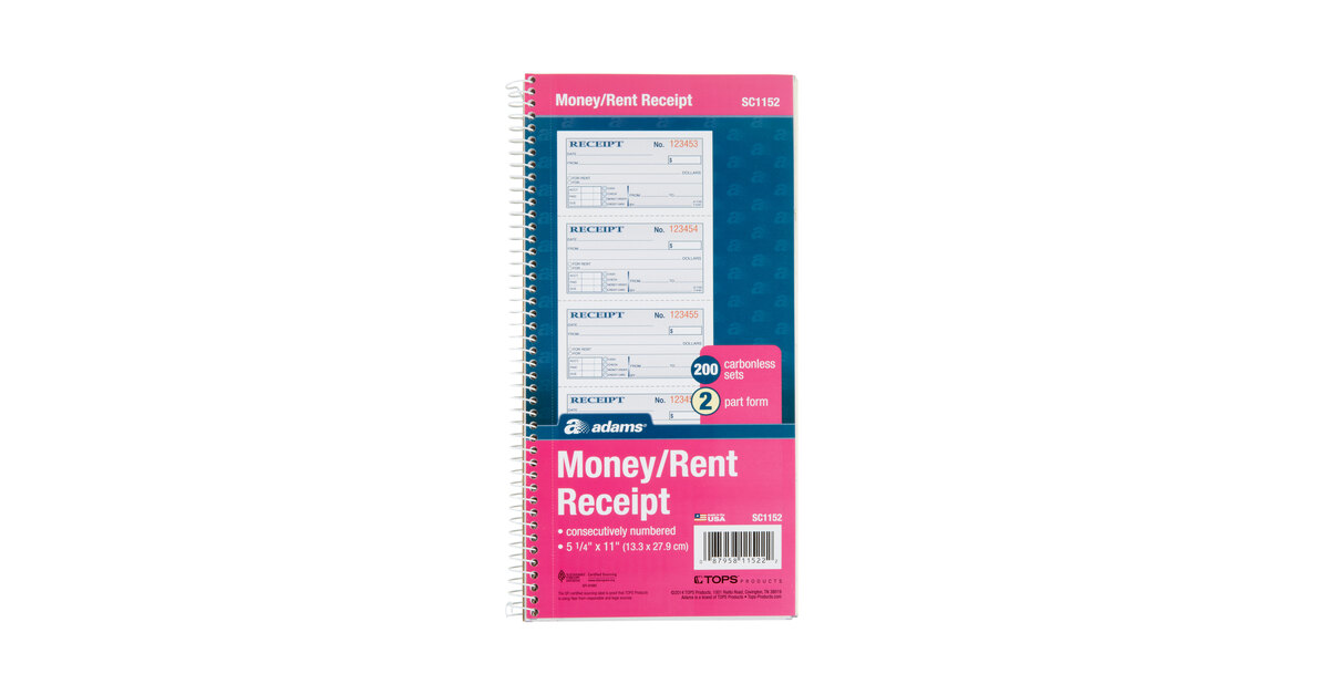 Adams Money And Rent Receipt, 7.63 X 11 Inches, 2-Parts, Carbonless, 4