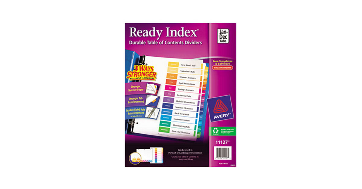 Avery® 11127 Ready Index Monthly Multi-Color Table of ...