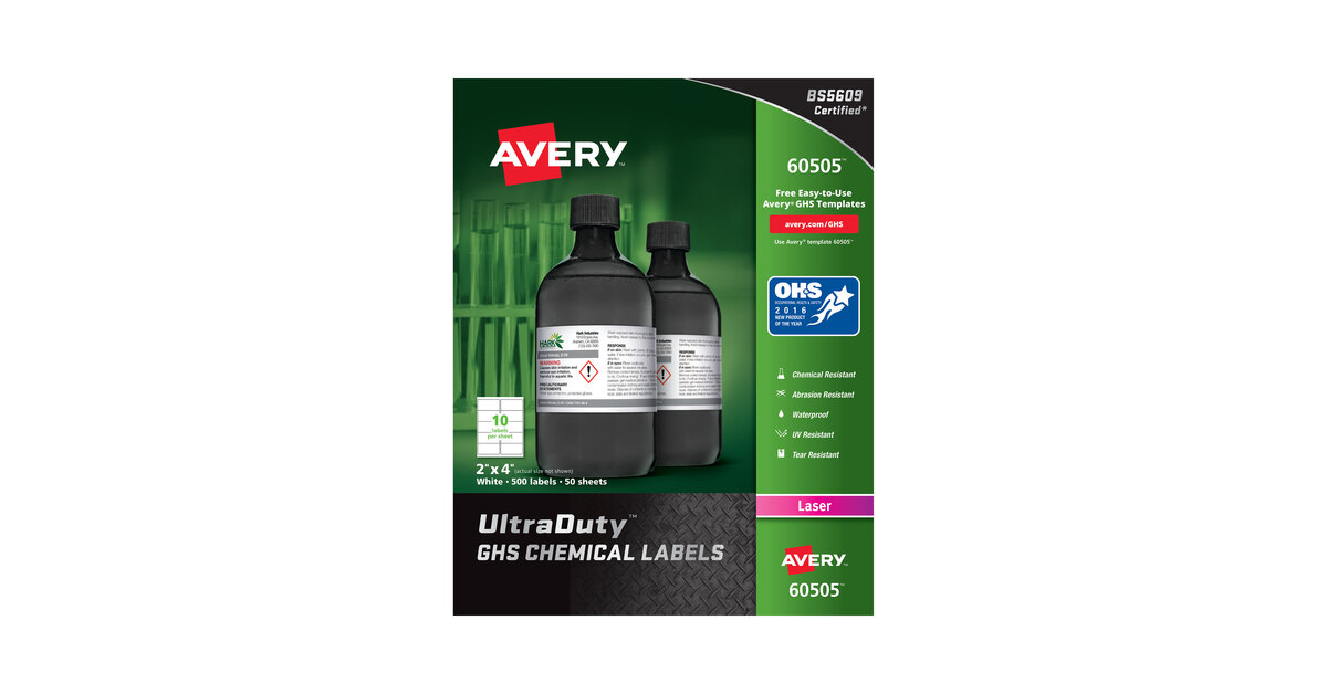 Waterproof 2 x 4 UV Resistant 60505 2 x 4 Avery Products Corporation AVE60505 500 Pack Avery UltraDuty GHS Chemical Labels for Laser Printers