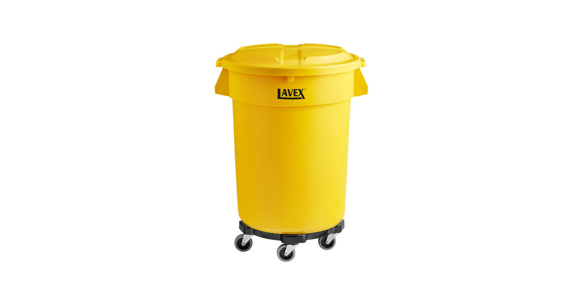 Lavex 32 Gallon Yellow Round Commercial Trash Can with Lid and Dolly