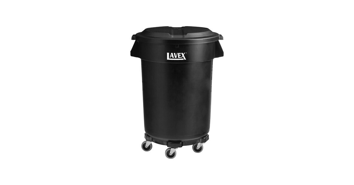 Lavex 32 Gallon Black Round Commercial Trash Can with Lid and Dolly