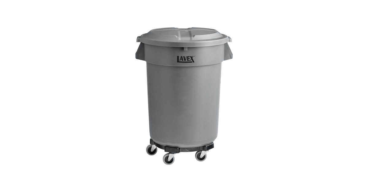 Lavex 32 Gallon Gray Round Commercial Trash Can with Lid and Dolly