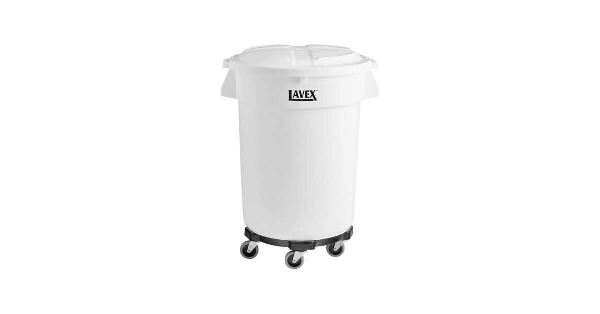 Lavex 32 Gallon White Round Commercial Trash Can with Lid and Dolly