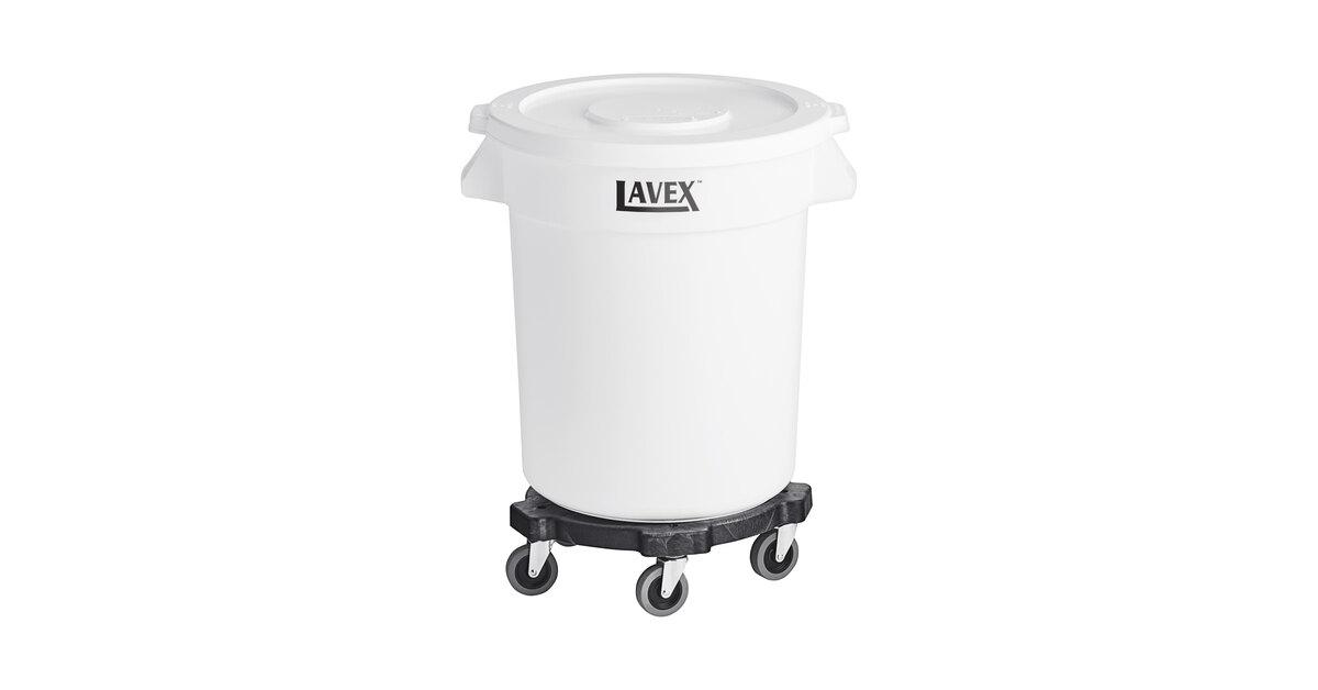 Lavex 20 Gallon White Round Commercial Trash Can with Lid and Dolly