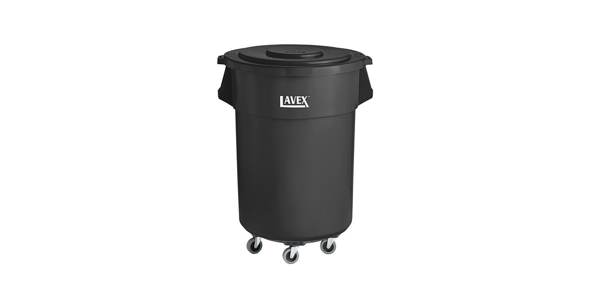Lavex 55 Gallon Black Round Commercial Trash Can with Lid and Dolly