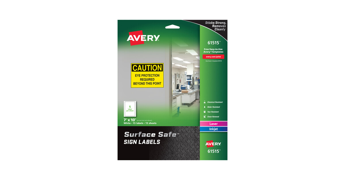 Avery Surface Safe Safety Sign Labels Printable Cleanly Removable 15 Pack 61515 7/” x 10/” Water Resistant