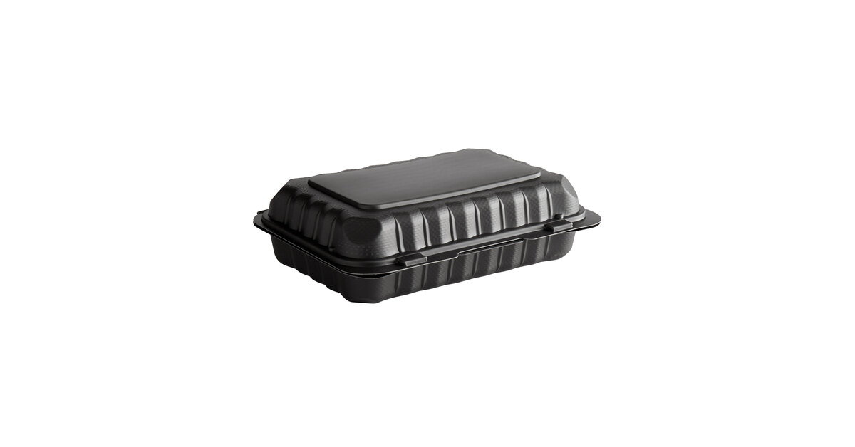 Microwaveable Black Plastic Hinged Take-Out Containers - 150/Case