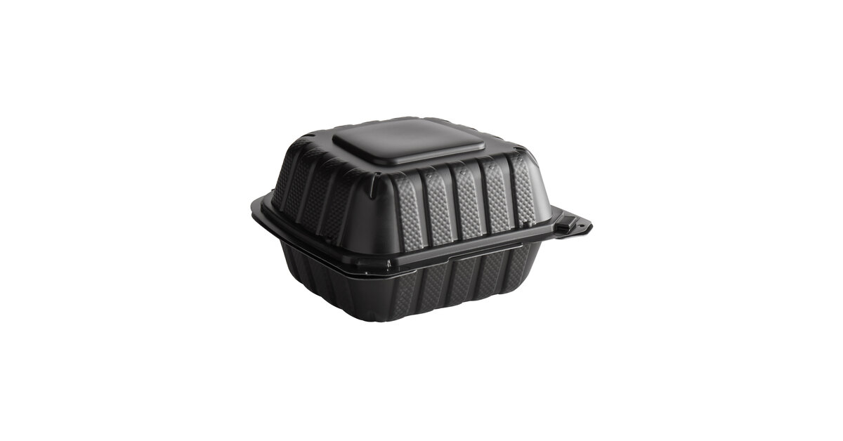 Square Microwaveable Black Hinged Take-Out Container - 6