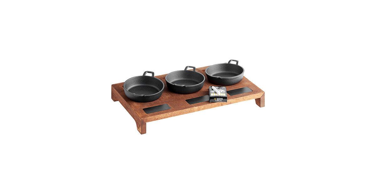 Valor Appetizer / Dessert Sampler with (3) 5 Mini Cast Iron Skillets, 18  1/2 x 11 x 2 1/2 Rustic Chestnut Finish Display Stand, and Chalk