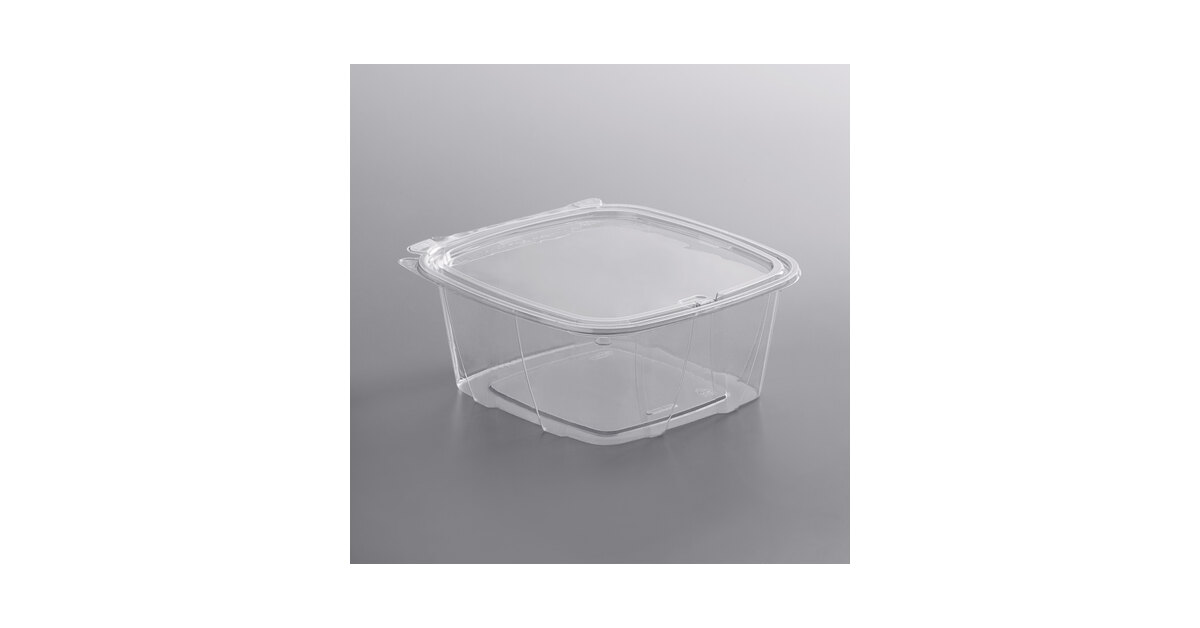Tamper Tek 64 oz Rectangle Clear Plastic Container - with Hinged Lid,  Tamper-Evident - 8 1/4 x 7 1/2 x 3 1/4 - 100 count box