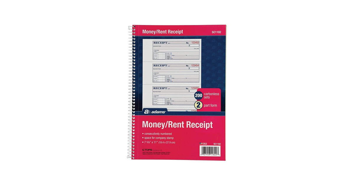 Spiral Bound 7-5/8 x 11 Adams Money and Rent Receipt Book - 3 Pack 200 Sets per Book 2-Part Carbonless 4 Receipts per Page SC1182