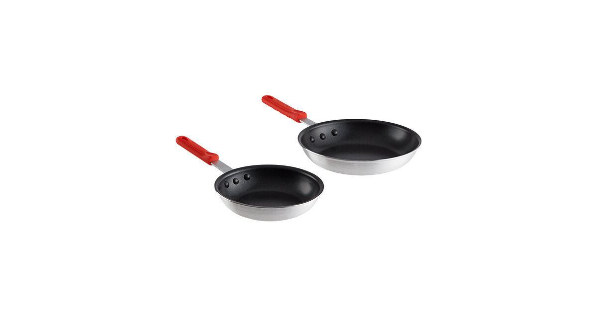 Choice 3-Piece Aluminum Fry Pan Set with Red Silicone Handles - 8, 10,  and 12 Frying Pans