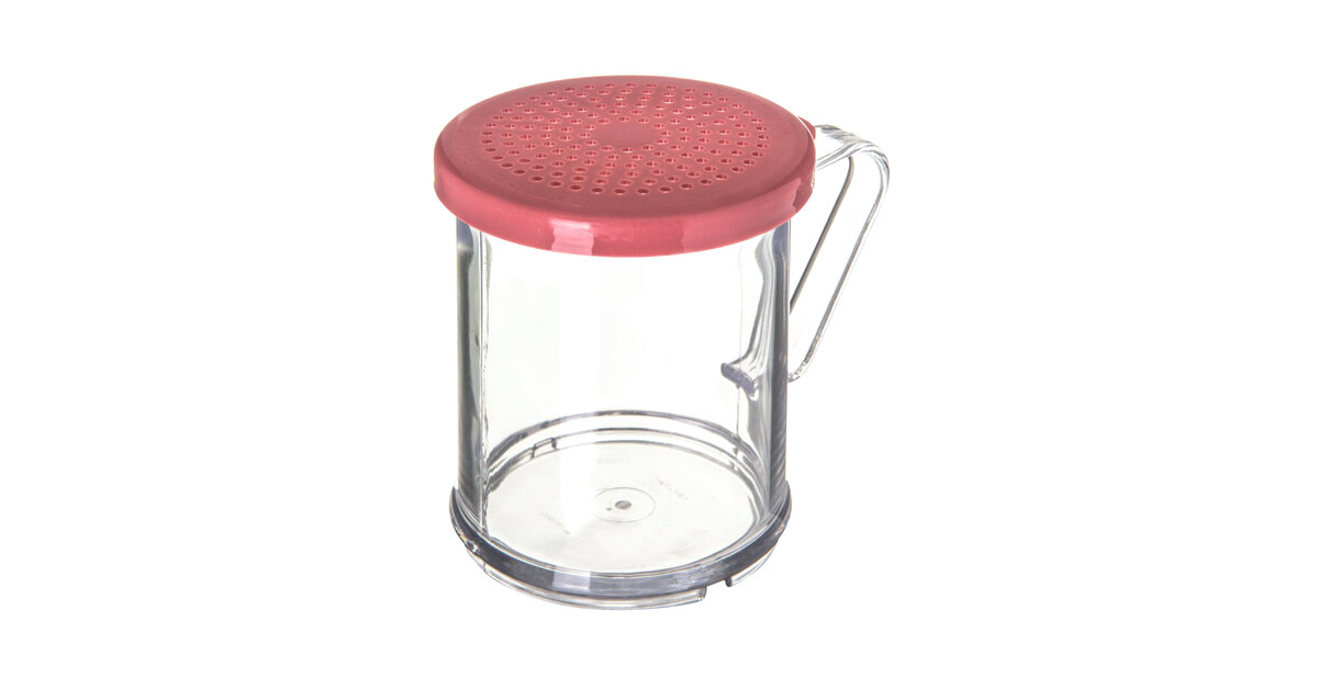 RW Base 10 oz Clear Polycarbonate Dredge Spice Shaker - with Green Extra Fine Lid - 4 3/4 inch x 3 1/4 inch x 4 inch - 1 Count Box