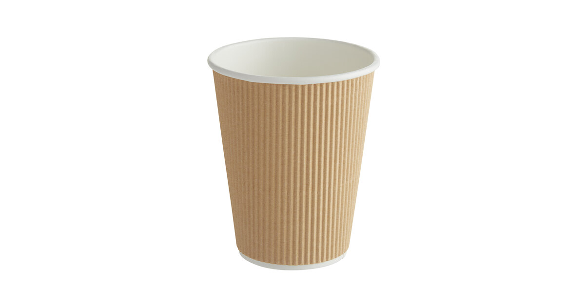 12 oz Kraft Paper Ripple Wall Coffee Cup - with White Lid - 3 1/2 inch x 3 1/2 inch x 5 inch - 200 Count Box, Gold