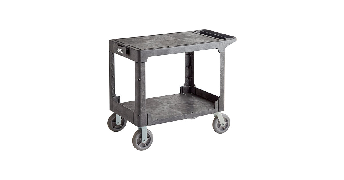 Lavex Large Black 2-Shelf Utility Cart with Flat Top, Built-In