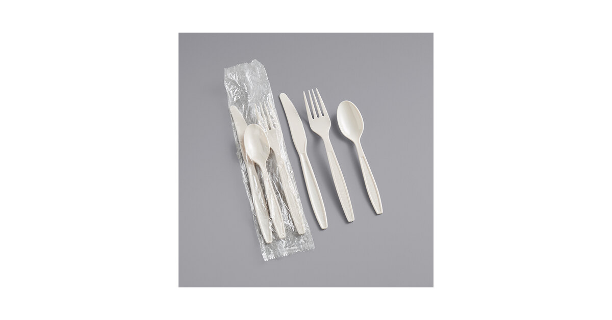 Visions Heavy Weight Beige Wrapped Plastic Cutlery Pack with Knife, Fork,  and Spoon - 500/Case