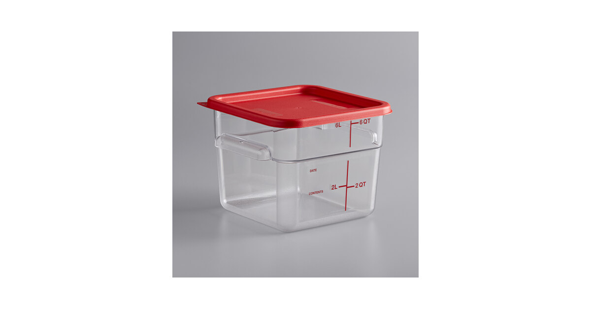 Vigor 6 Qt. Clear Square Polycarbonate Food Storage Container and Red Lid -  4/Pack