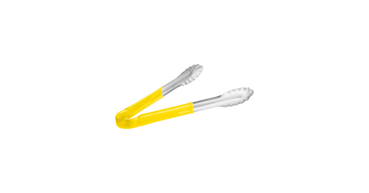 Choice 12 Yellow Coated Handle Stainless Steel Scalloped Tongs