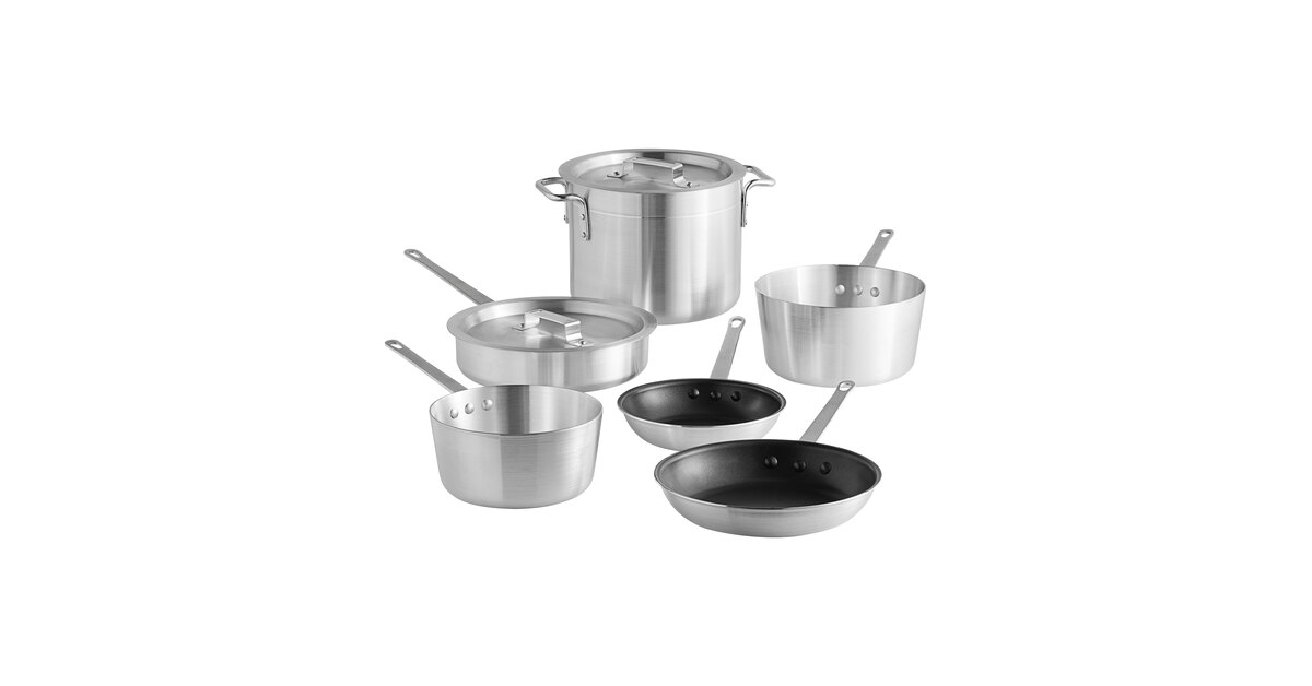 Choice 10-Piece Aluminum Cookware Set with 2 Sauce Pans, 3.75 Qt. Sauté Pan  with Cover, 8 Qt. Stock Pot with Cover, 2 Fry Pans, and 13 x 18 Bun Pan