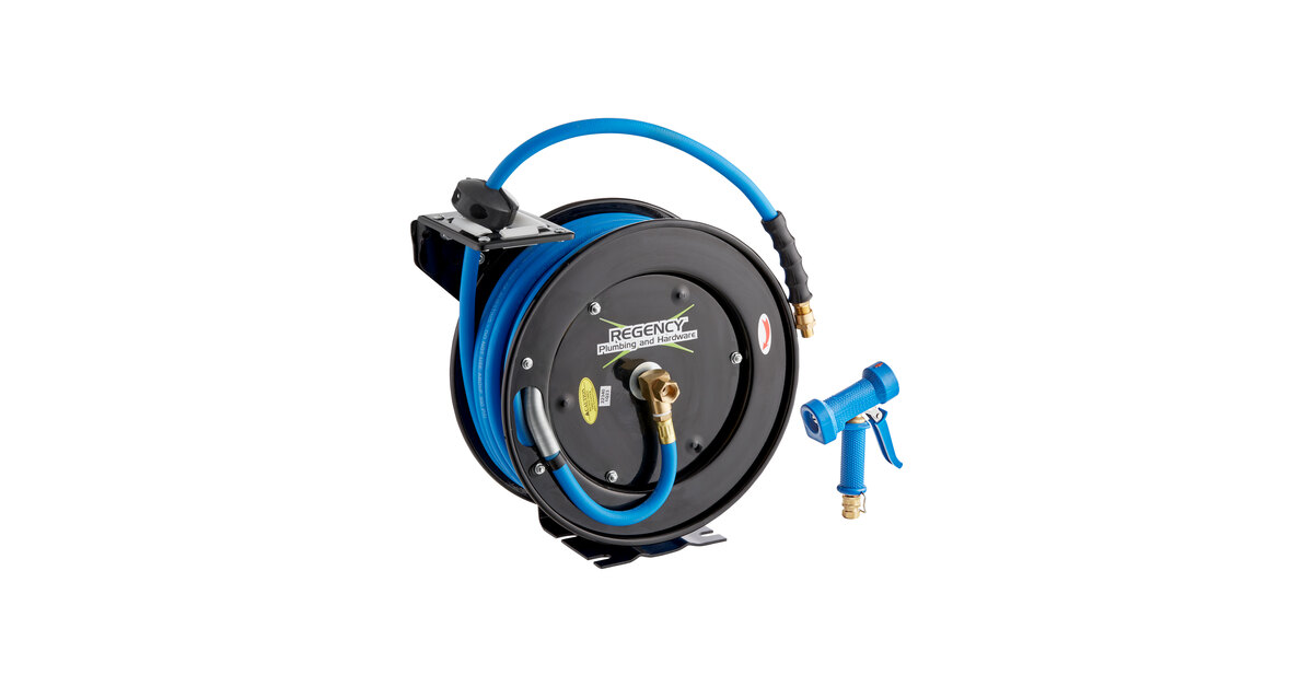 Regency Open Stainless Steel Hose Reel with Hose and Spray Valve