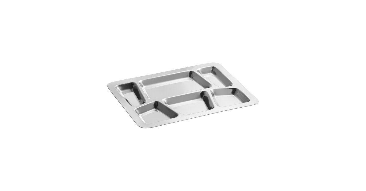 Choice 15 1/2 x 11 1/2 Ambidextrous Stainless Steel Rectangular 6  Compartment Tray with Trapezoid Center - 12/Pack