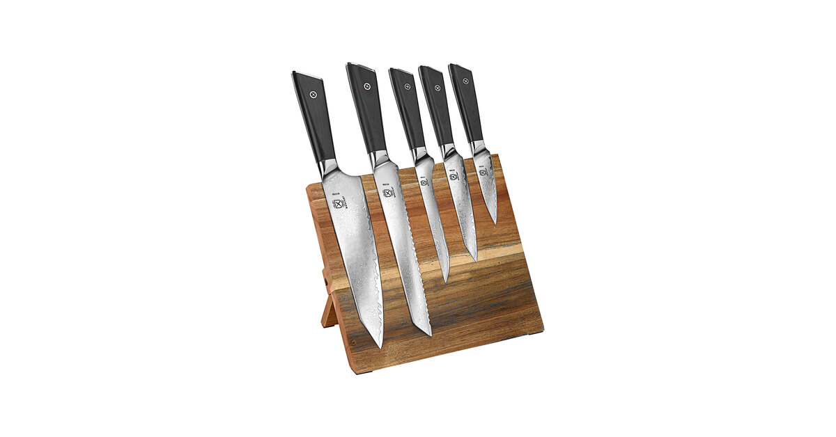 Mercer Culinary M21970 Renaissance® 5-Piece Rubberwood Magnetic Knife Board  and Black Handle Knife Set