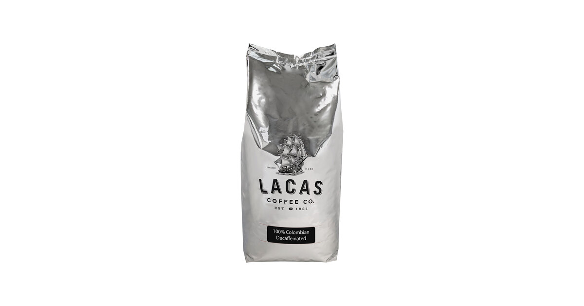 Lacas Coffee 100% Colombian Decaf Whole Bean Coffee 5 lb. - 4/Case
