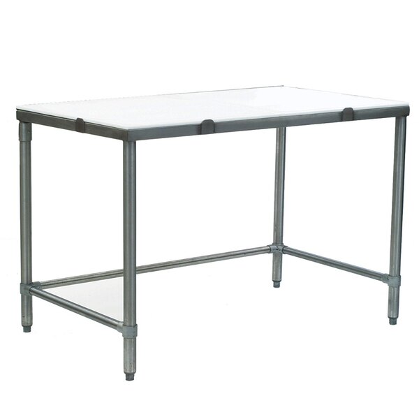 A white poly top table with a stainless steel frame.