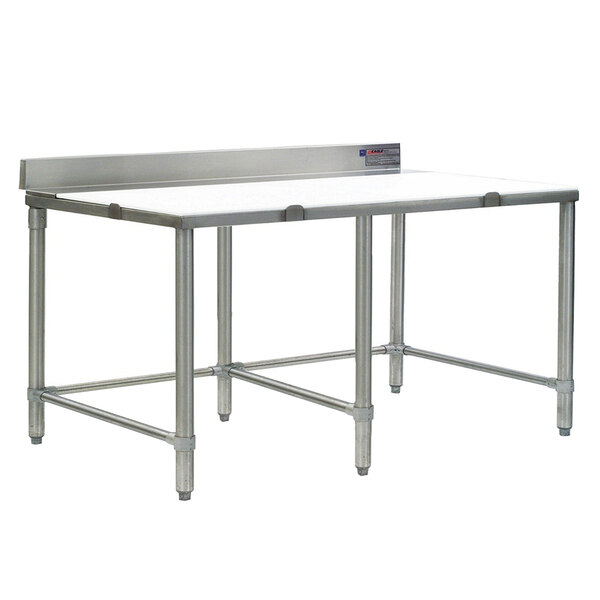 A stainless steel work table with a white poly top.